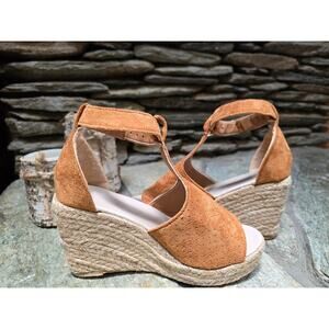 Camel Suede Wedge Heel Sandal